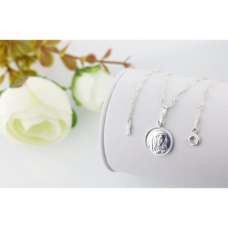 Srebrny damski łańcuszek Singapur z medalikiem Matki Boskiej próby 925