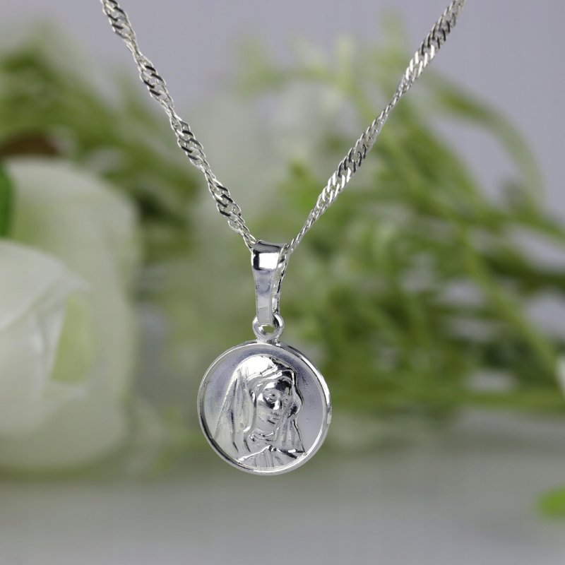 Srebrny damski łańcuszek Singapur z medalikiem Matki Boskiej próby 925