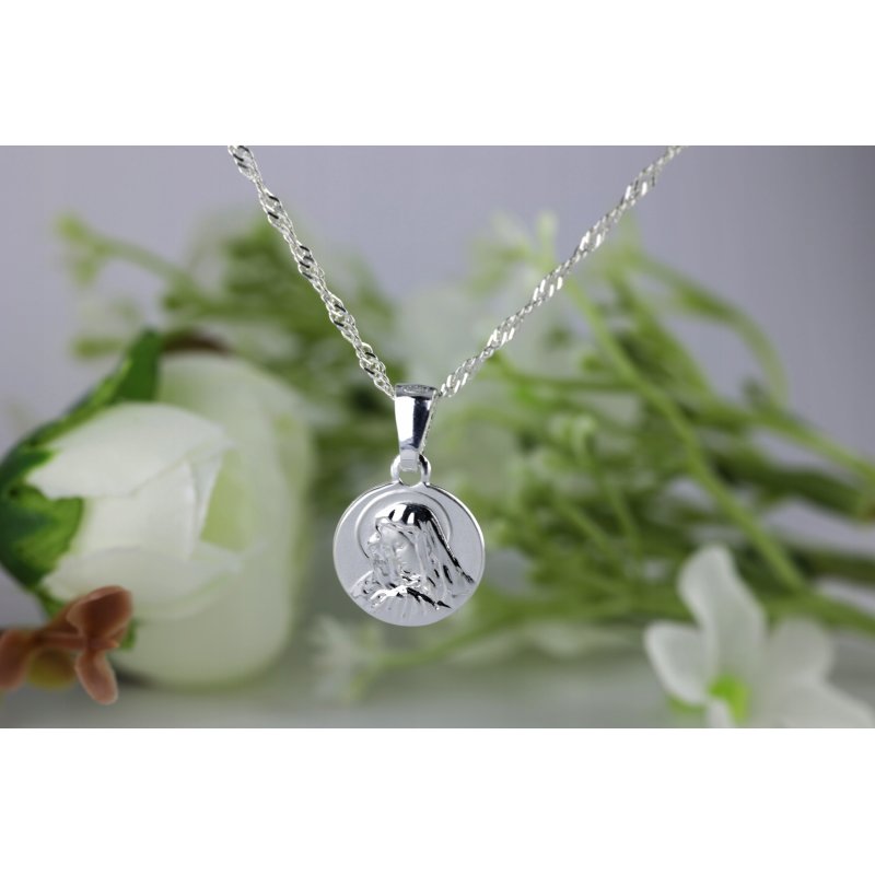 Srebrny damski łańcuszek Singapur z medalikiem Matki Boskiej próby 925