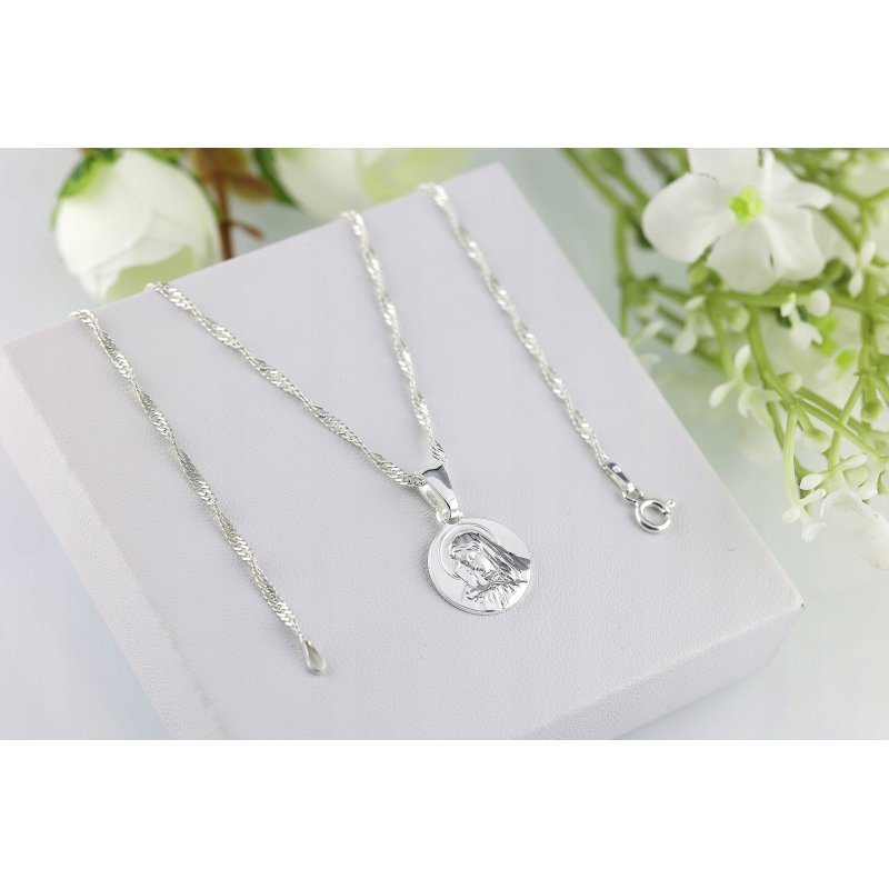 Srebrny damski łańcuszek Singapur z medalikiem Matki Boskiej próby 925