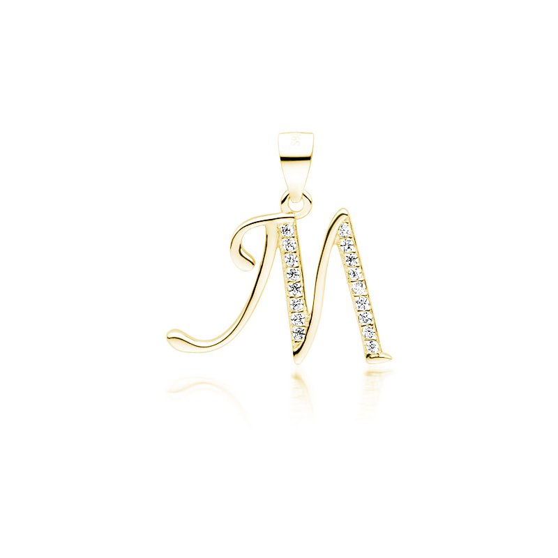 Złocona zawieszka, wisiorek srebrny z literką M i cyrkoniami srebro próby 925