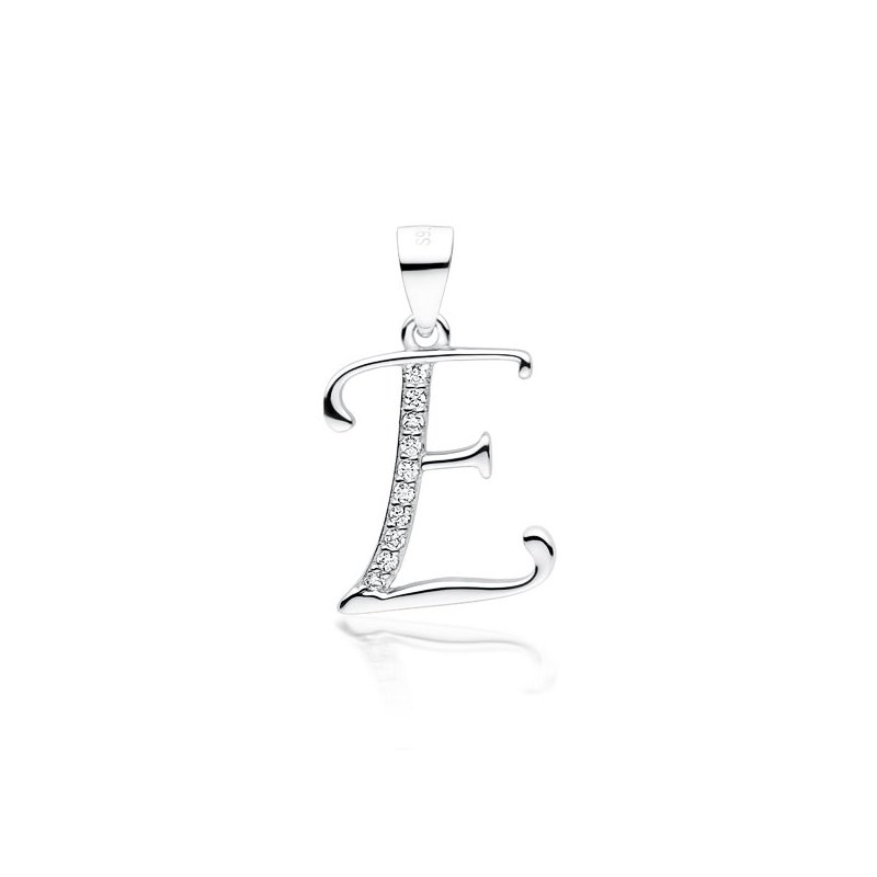 Srebrna zawieszka, wisiorek z literka „E” wysadzany cyrkoniami srebro próby 925