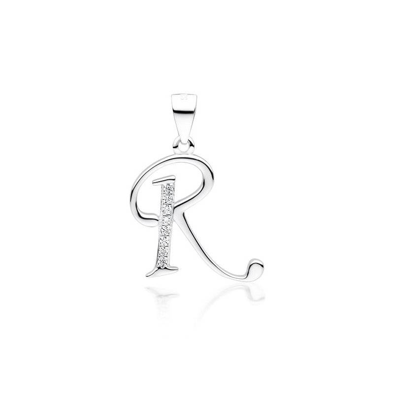 Srebrna zawieszka, wisiorek z literka „R” wysadzany cyrkoniami srebro próby 925