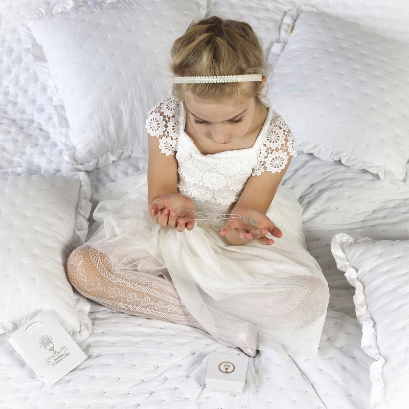 Srebrny łańcuszek Singapur z medalikiem Cudownym zestaw na pierwszą Komunię Świętą