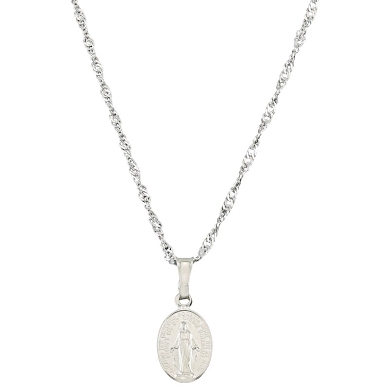 Srebrny łańcuszek Singapur z medalikiem Cudownym zestaw na pierwszą Komunię Świętą