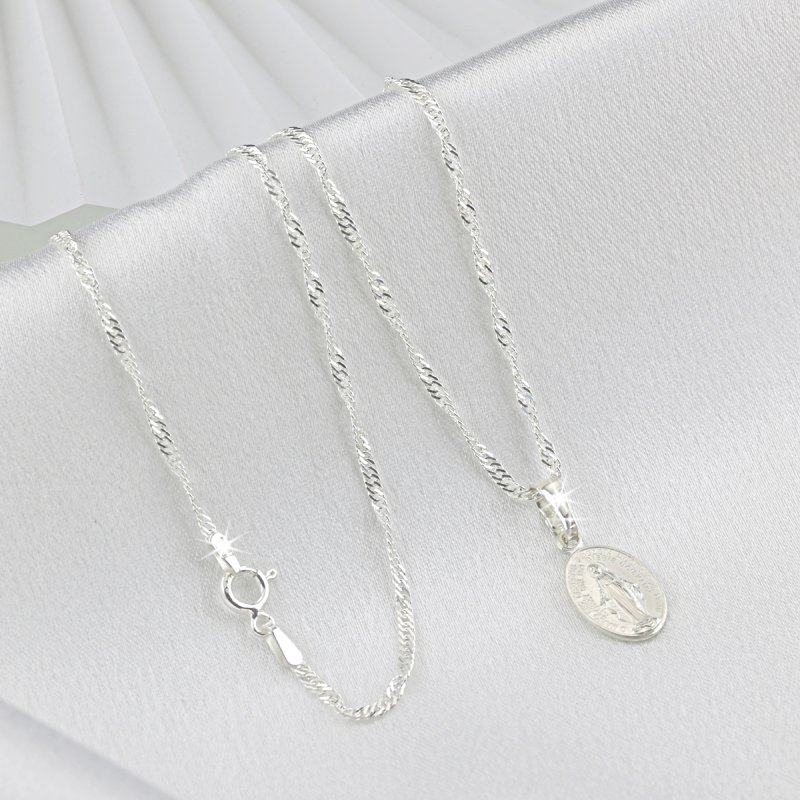 Srebrny łańcuszek Singapur z medalikiem Cudownym zestaw na pierwszą Komunię Świętą