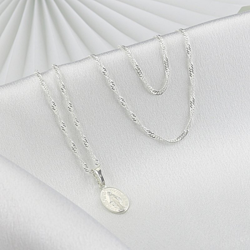 Srebrny łańcuszek Singapur z medalikiem Cudownym zestaw na pierwszą Komunię Świętą