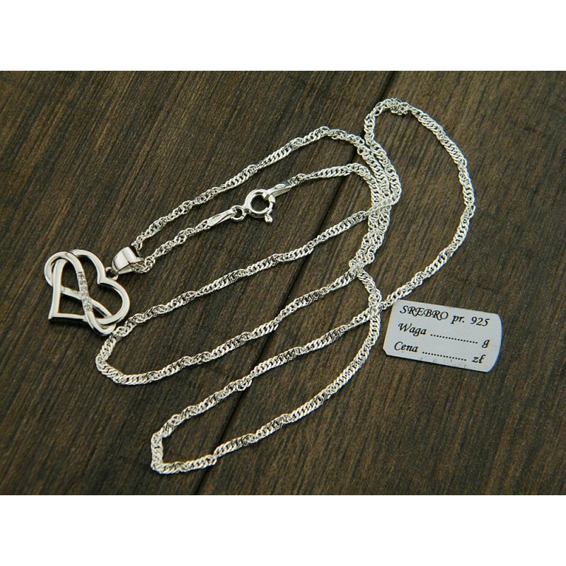 Łańcuszek singapur 50 cm srebrny z serduszkiem znak nieskończoności