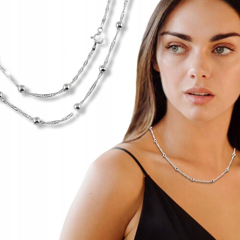 Łańcuszek, Naszyjnik Damski Srebro próby 925 Singapur z kuleczkami 45 cm