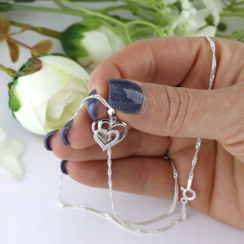 Naszyjnik Łańcuszek Srebrny 925 Zawieszka Serce z cyrkoniami