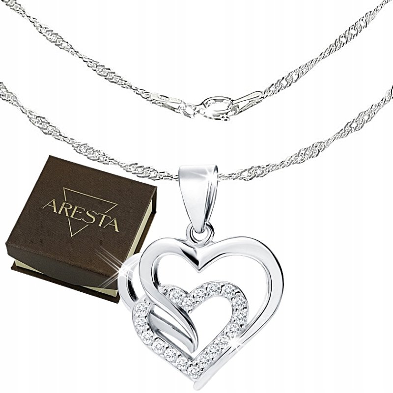 Naszyjnik Łańcuszek Srebrny 925 Zawieszka Serce z cyrkoniami