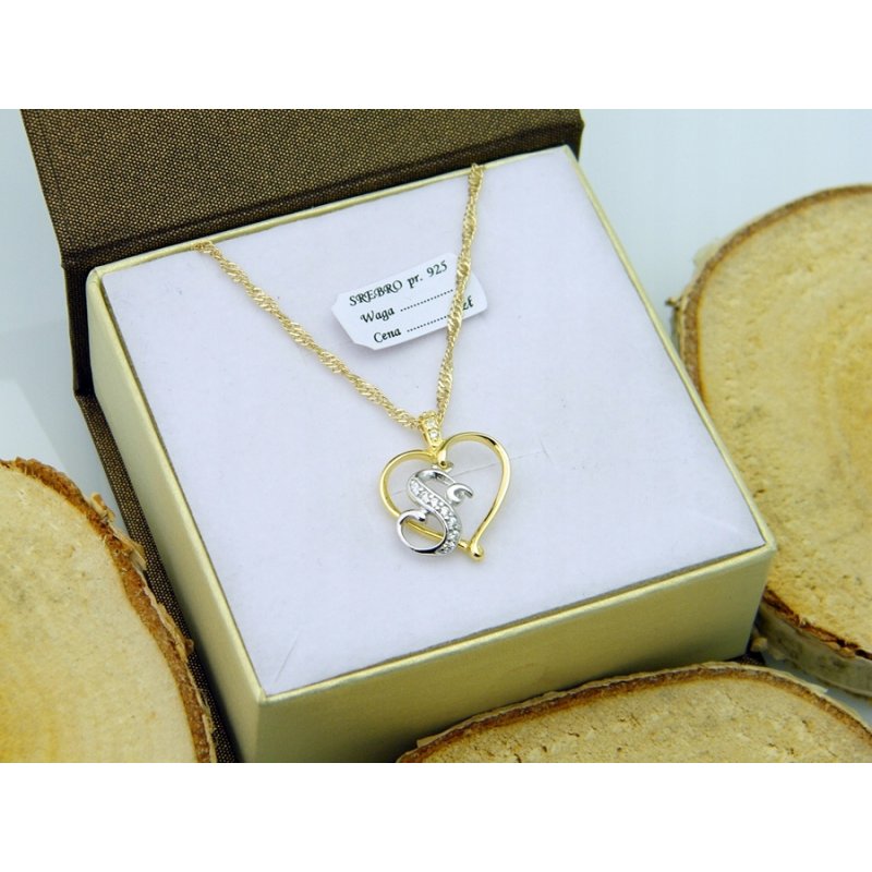 Łańcuszek damski z serduszkiem literka S srebro próby 925 pozłacane