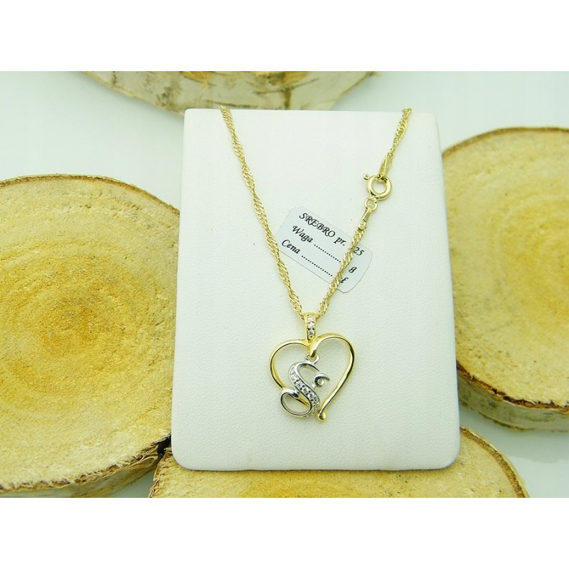Łańcuszek damski z serduszkiem literka S srebro próby 925 pozłacane