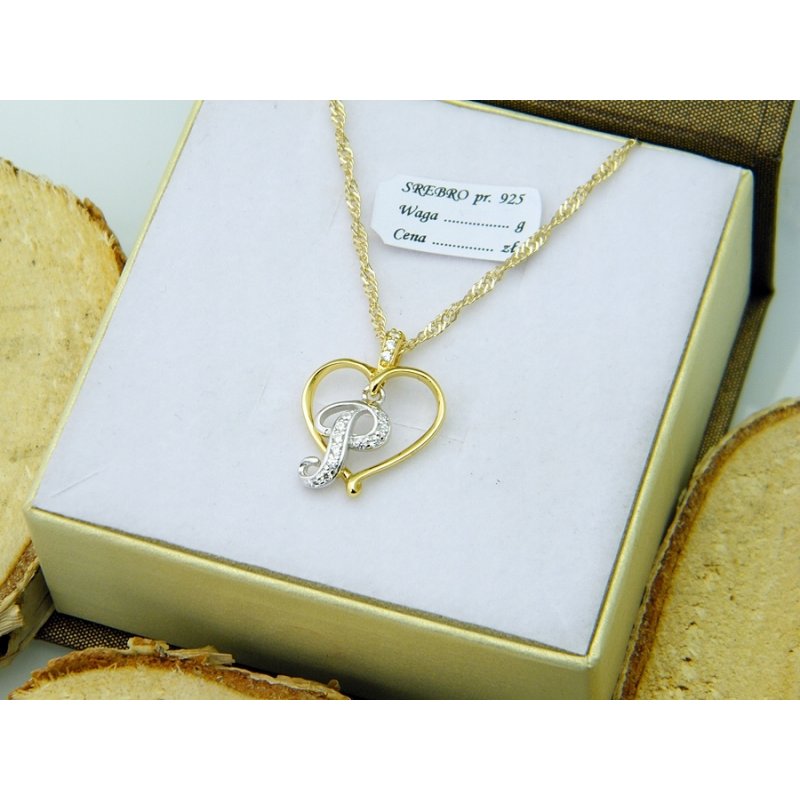 Łańcuszek damski z serduszkiem literka P srebro próby 925 pozłacane