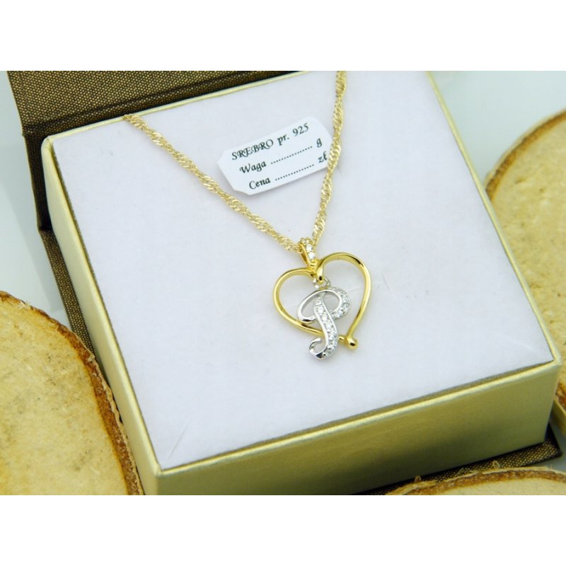 Łańcuszek damski z serduszkiem literka P srebro próby 925 pozłacane