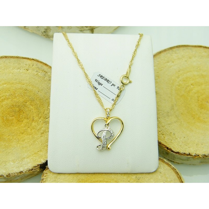 Łańcuszek damski z serduszkiem literka P srebro próby 925 pozłacane