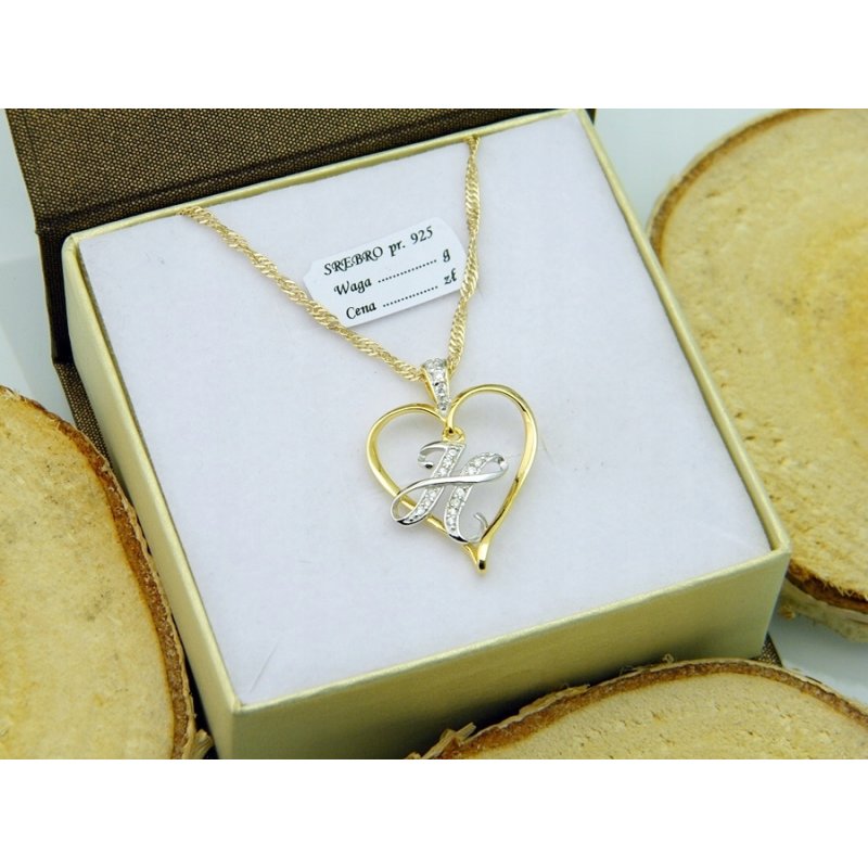 Łańcuszek damski z serduszkiem literka H srebro próby 925 pozłacane