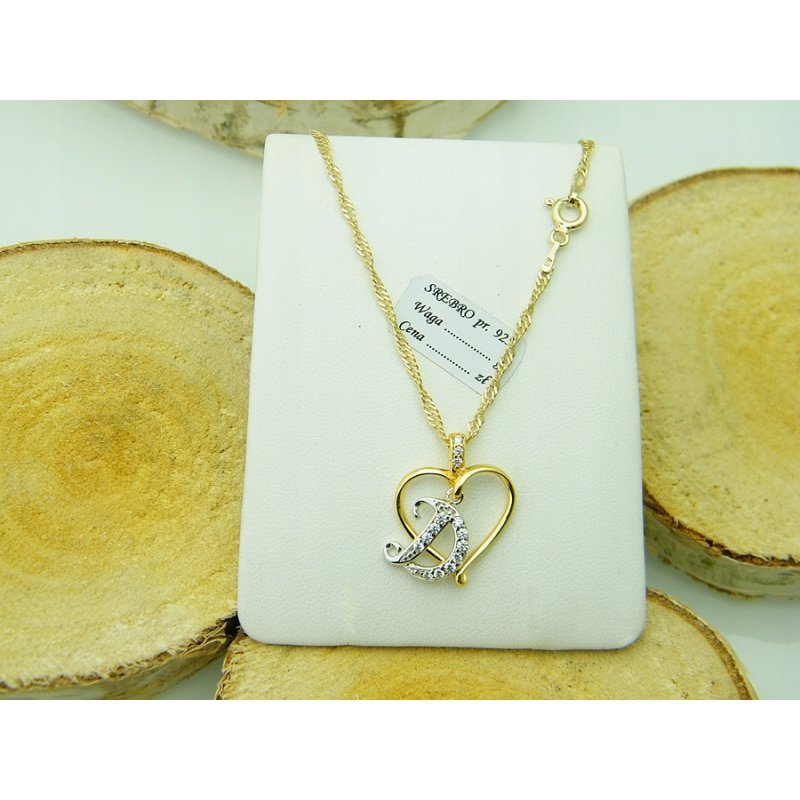 Łańcuszek damski z serduszkiem literka D srebro próby 925 pozłacane