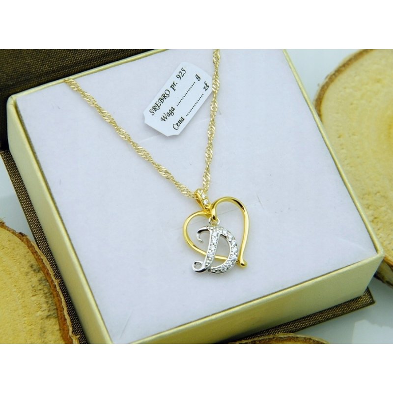 Łańcuszek damski z serduszkiem literka D srebro próby 925 pozłacane