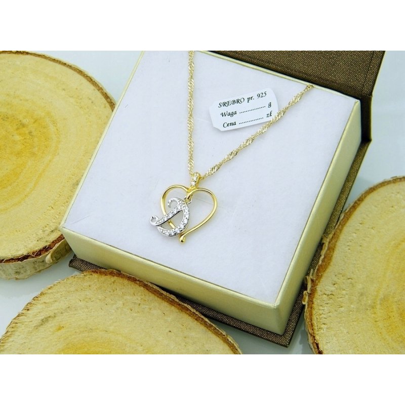 Łańcuszek damski z serduszkiem literka D srebro próby 925 pozłacane