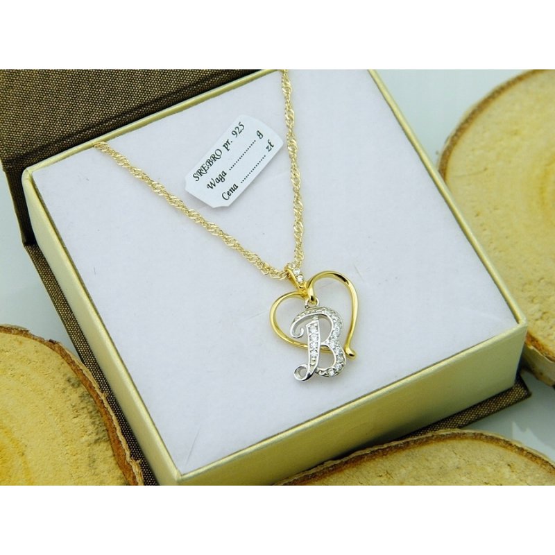 Łańcuszek damski z serduszkiem literka B srebro próby 925 pozłacane