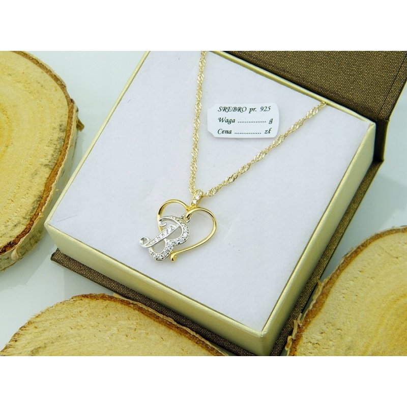Łańcuszek damski z serduszkiem literka B srebro próby 925 pozłacane