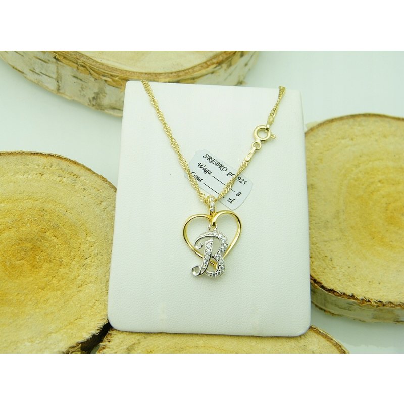 Łańcuszek damski z serduszkiem literka B srebro próby 925 pozłacane