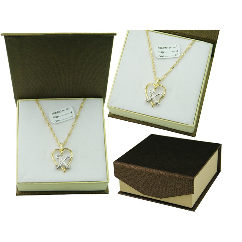 Łańcuszek damski z serduszkiem literka K srebro próby 925 pozłacane