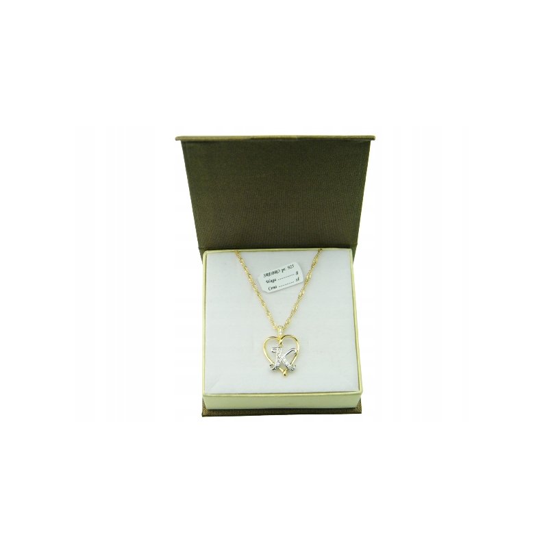 Łańcuszek damski z serduszkiem literka K srebro próby 925 pozłacane