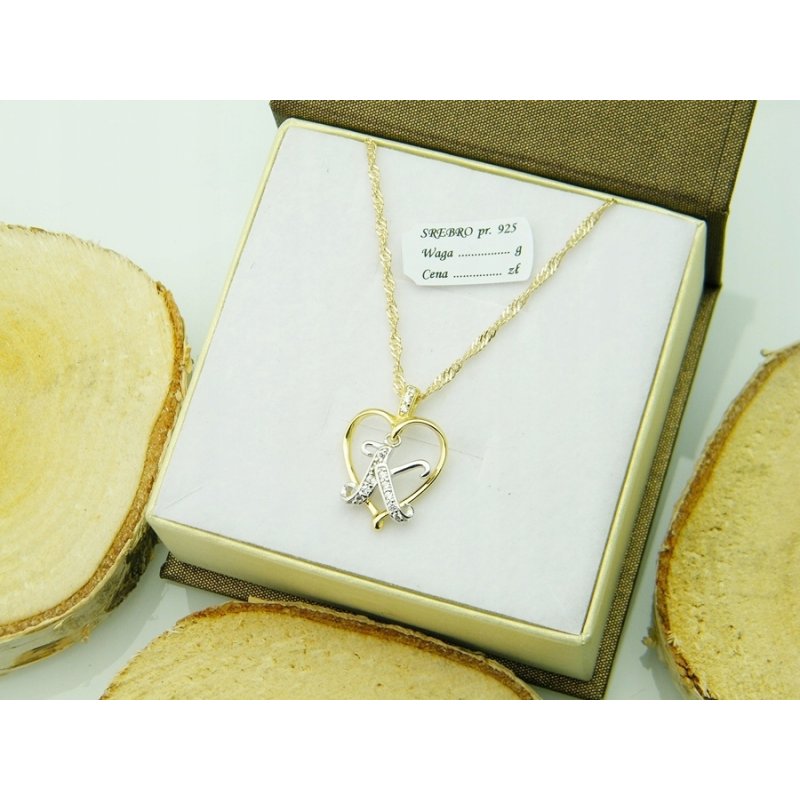 Łańcuszek damski z serduszkiem literka K srebro próby 925 pozłacane