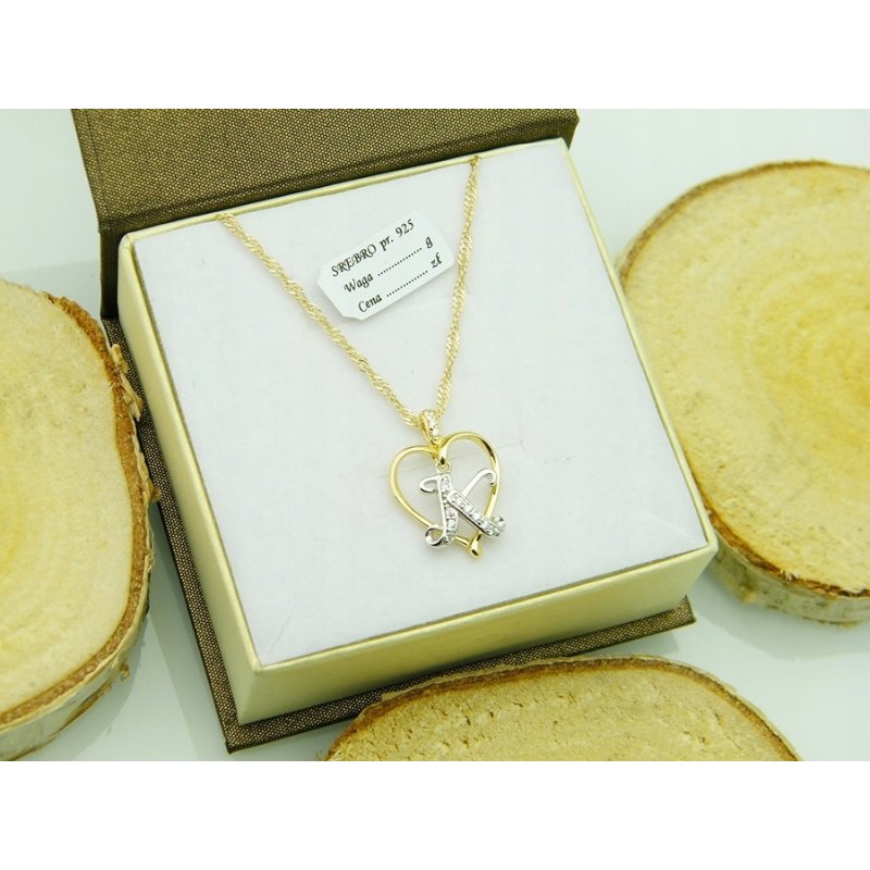 Łańcuszek damski z serduszkiem literka K srebro próby 925 pozłacane