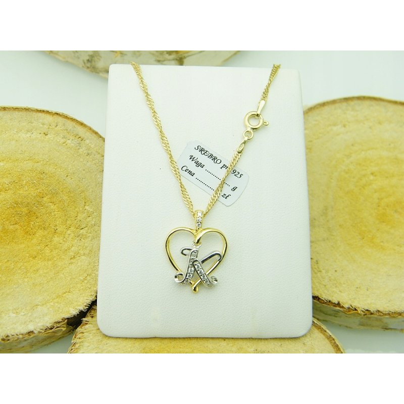 Łańcuszek damski z serduszkiem literka K srebro próby 925 pozłacane