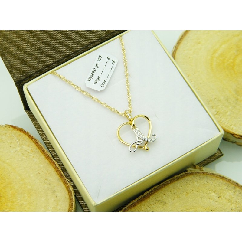 Łańcuszek damski z serduszkiem literka A srebro próby 925 pozłacane