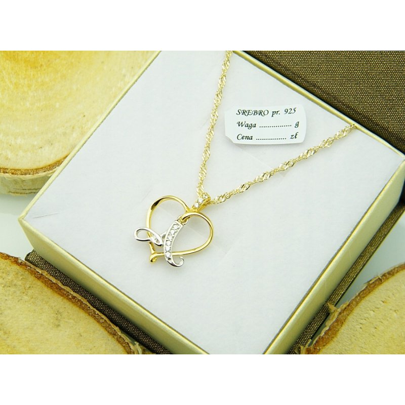 Łańcuszek damski z serduszkiem literka A srebro próby 925 pozłacane