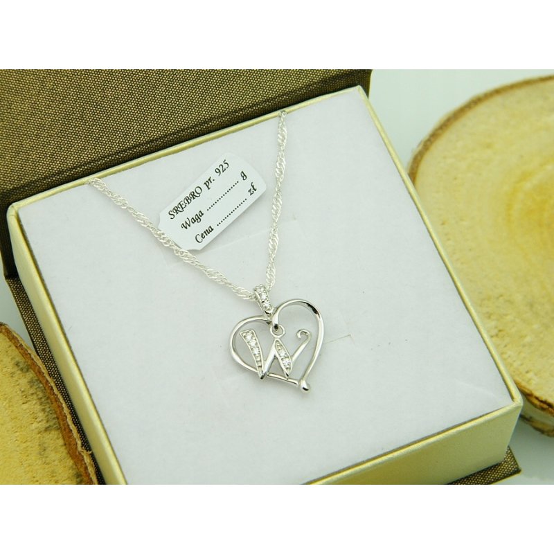Łańcuszek damski z serduszkiem literka W srebro próby 925
