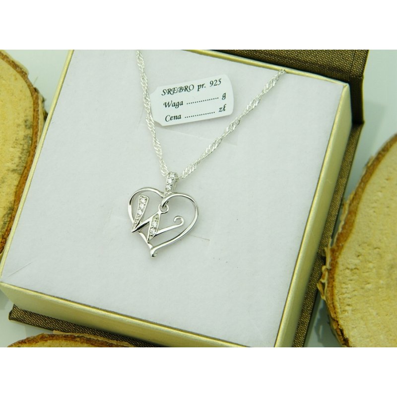 Łańcuszek damski z serduszkiem literka W srebro próby 925