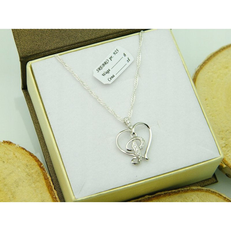 Łańcuszek damski z serduszkiem literka P srebro próby 925