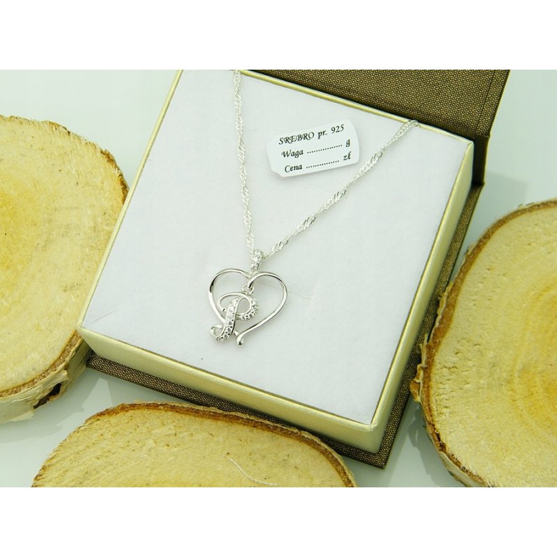 Łańcuszek damski z serduszkiem literka P srebro próby 925