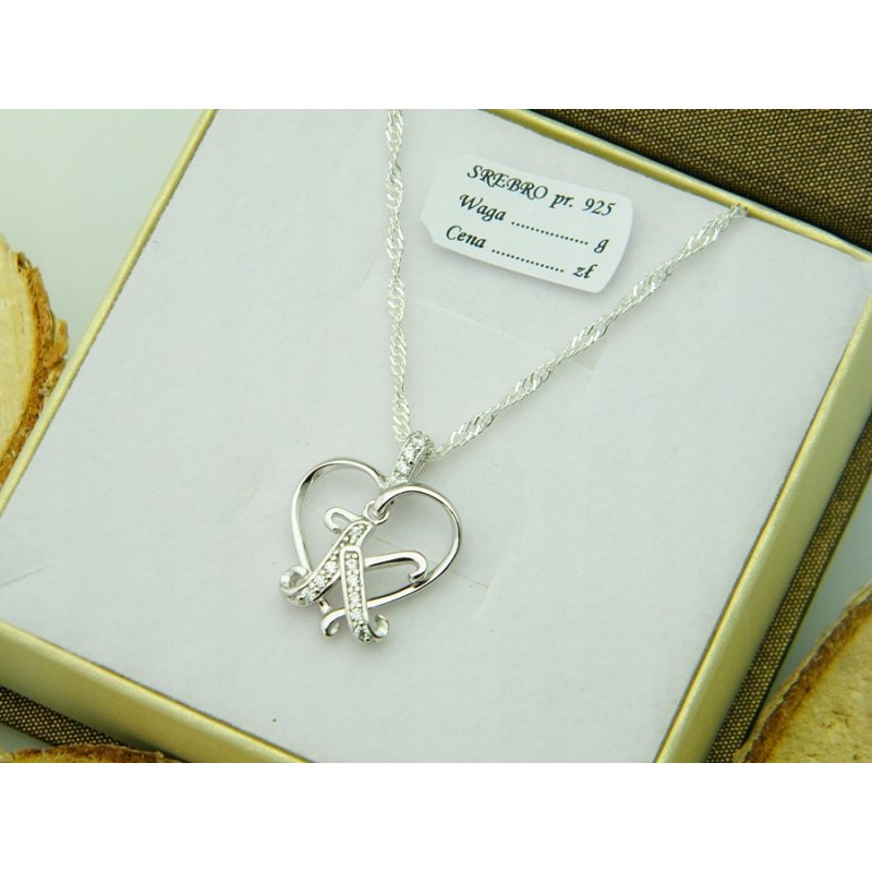 Łańcuszek damski z serduszkiem literka K srebro próby 925