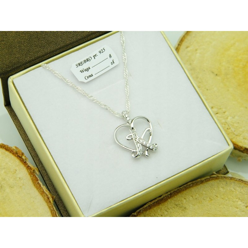 Łańcuszek damski z serduszkiem literka K srebro próby 925