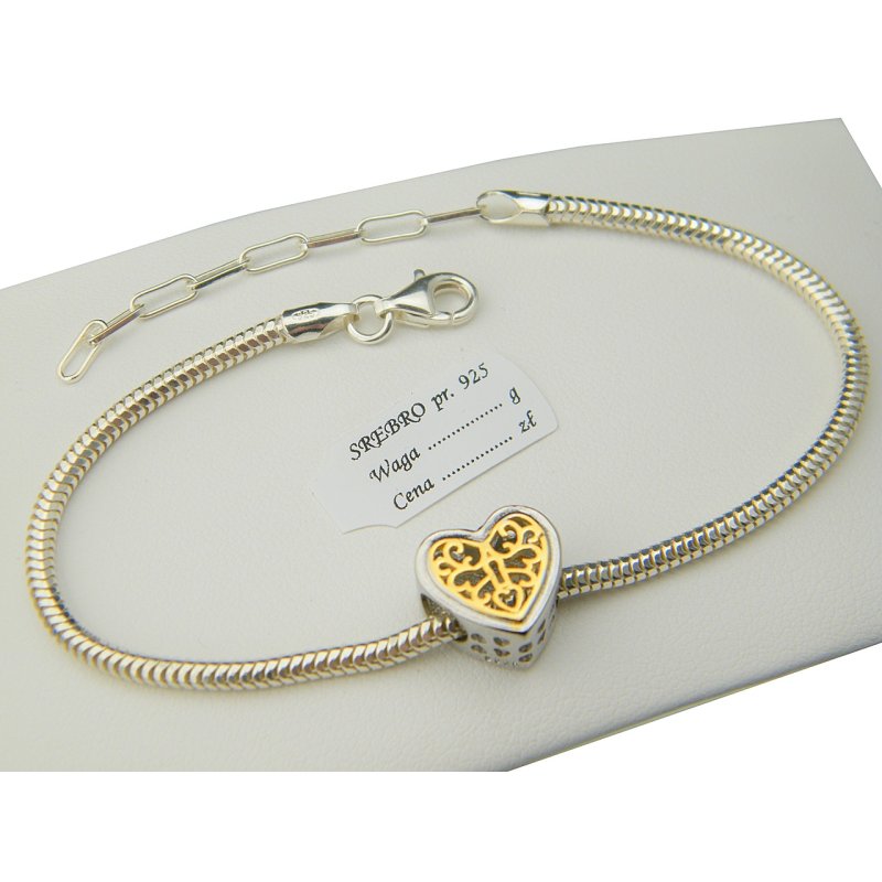 Bransoletka damska baza modułowa z Charmsem serduszko srebro próby 925